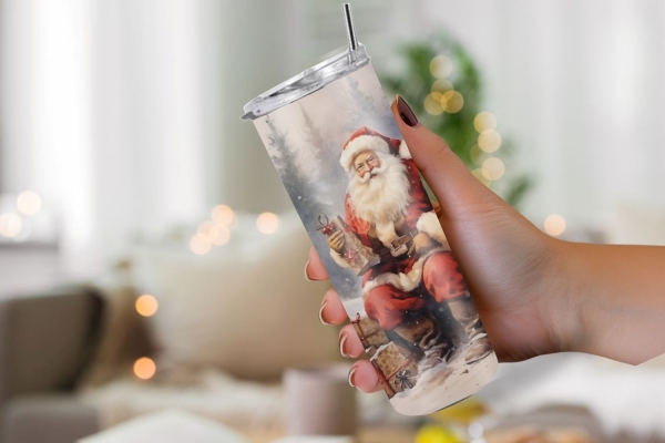 Hand hält isolierten Edelstahlbecher mit Santa Claus-Motiv, perfekt für heiße und kalte Getränke während der Weihnachtszeit.